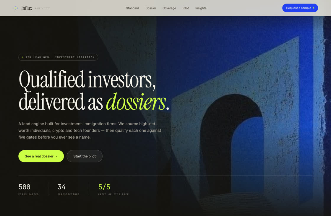 Homepage with the headline Qualified investors, delivered as dossiers